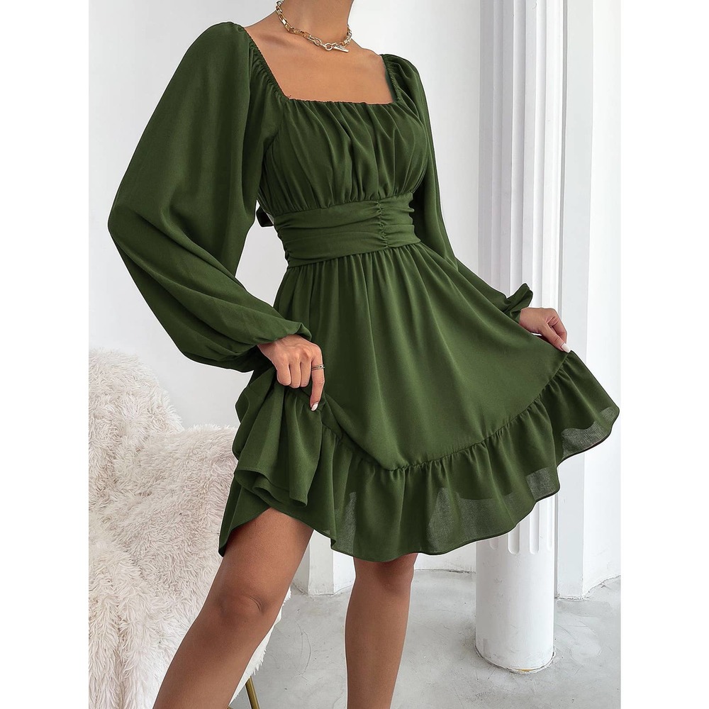 square neck long sleeve Knot Back Lantern Sleeve Ruffle Hem Dress black - Picture 10 of 11